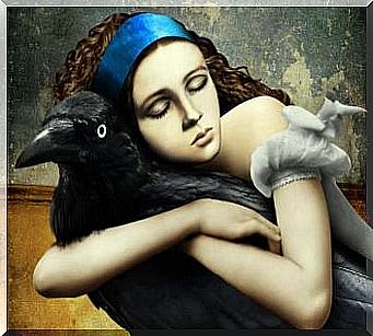 Woman hugging raven