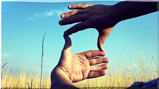 Hands framing a field.