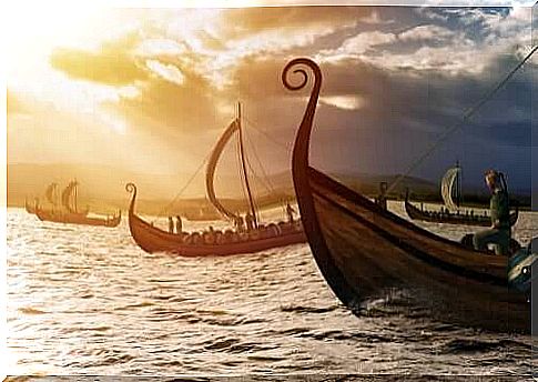 Viking ships at sea.