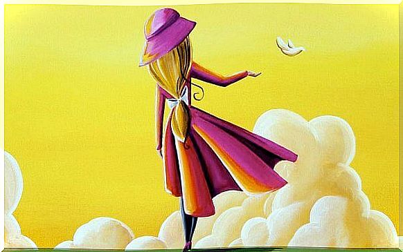 Woman in front of yellow sky