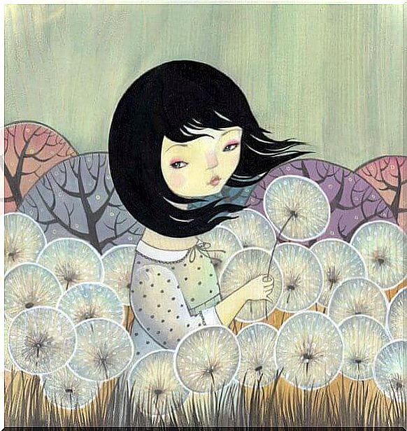 Girl among dandelions